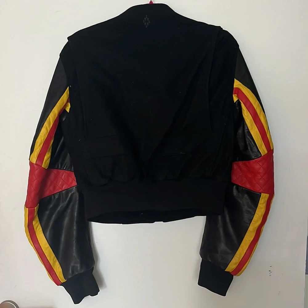 Black letterman jacket moto leather sleeves. Red & yellow piping. Red elbow. - Picture 2 of 4